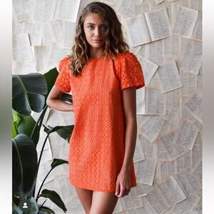 Never A Wallflower Eyelet Puff Sleeve Mini Dress Women’s Size XS Fire Orange